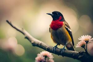 uma pássaro com uma vermelho e Preto bico senta em uma ramo. gerado por IA foto