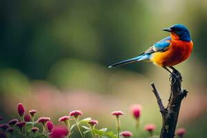 uma colorida pássaro é empoleirado em uma ramo dentro frente do Rosa flores gerado por IA foto