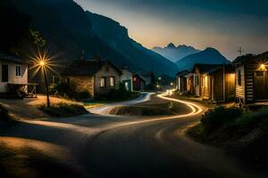 uma enrolamento estrada dentro a montanhas às noite. gerado por IA foto