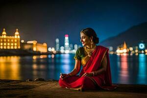 uma mulher dentro uma sari meditando de a água às noite. gerado por IA foto