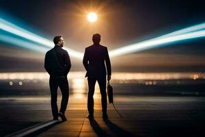 dois homens em pé em uma concreto chão com uma luz brilhando em eles. gerado por IA foto