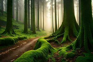 uma caminho através uma floresta com musgoso árvores gerado por IA foto