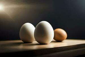 três ovos em uma mesa com uma luz atrás eles. gerado por IA foto