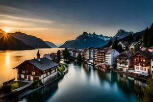 a Sol conjuntos sobre uma lago e uma Cidade dentro Suíça. gerado por IA foto