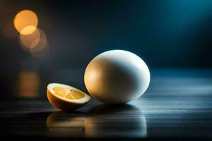 a ovo e uma metade do a laranja em uma mesa. gerado por IA foto