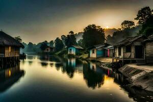 uma rio com casas em a costa às pôr do sol. gerado por IA foto