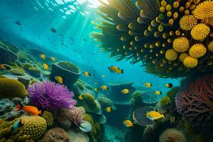 uma colorida coral recife com muitos diferente tipos do peixe. gerado por IA foto