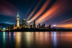 a cidade Horizonte às noite com luzes refletindo fora a água. gerado por IA foto