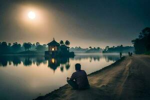 uma homem sentado em a costa do uma lago às nascer do sol. gerado por IA foto