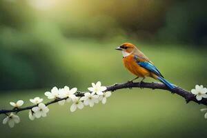 uma azul e laranja pássaro senta em uma ramo com flores gerado por IA foto