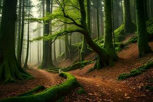 uma caminho através uma floresta com árvores e musgo. gerado por IA foto