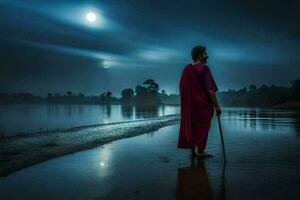 uma homem dentro vermelho vestes carrinhos em a costa do uma lago às noite. gerado por IA foto