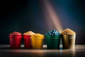 cinco baldes do diferente colori cereal em uma mesa. gerado por IA foto