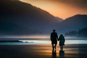 uma casal caminhando em a de praia às pôr do sol. gerado por IA foto