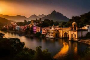 a pôr do sol sobre a rio dentro udaipur, Índia. gerado por IA foto