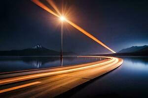 uma grandes exposição fotografia do uma estrada e uma montanha às noite. gerado por IA foto