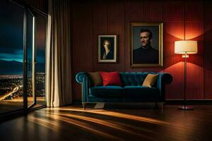 uma vivo quarto com uma azul sofá e uma pintura. gerado por IA foto