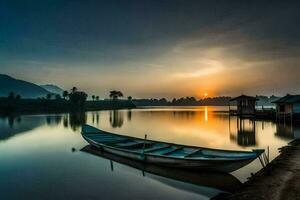 uma barco senta em a costa do uma lago às pôr do sol. gerado por IA foto