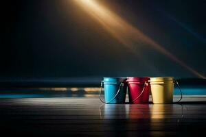 três baldes sentar em uma de madeira área coberta com luz brilhando dentro a fundo. gerado por IA foto