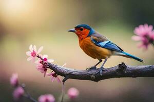 foto papel de parede pássaro, a sol, primavera, flores, a pássaro, a pássaro, a pássaro. gerado por IA