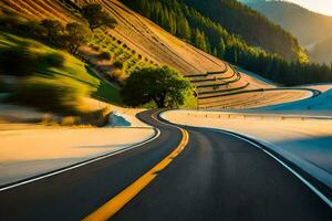 uma estrada dentro a montanhas com uma curva. gerado por IA foto