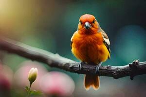 uma pequeno laranja pássaro senta em uma ramo. gerado por IA foto