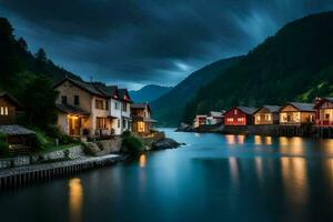 foto papel de parede a céu, noite, montanhas, casas, a água, a lago, a casa. gerado por IA