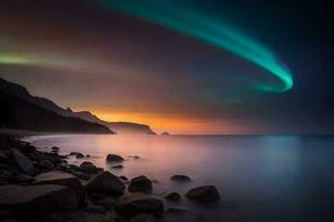 uma lindo aurora boreal sobre a oceano. gerado por IA foto