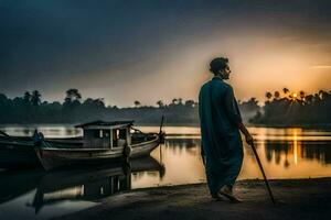 uma homem dentro uma azul vestir em pé Próximo para uma barco às pôr do sol. gerado por IA foto