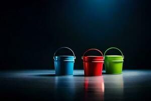 três colorida baldes em uma Sombrio fundo. gerado por IA foto