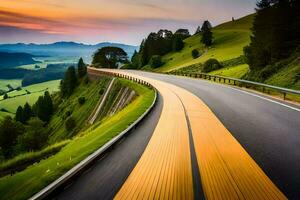 uma enrolamento estrada dentro a montanhas com uma pôr do sol. gerado por IA foto