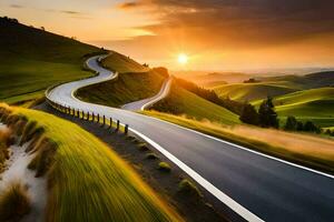 uma enrolamento estrada dentro a montanhas às pôr do sol. gerado por IA foto