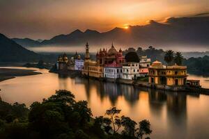 a Sol sobe sobre a lago dentro udaipur, Índia. gerado por IA foto