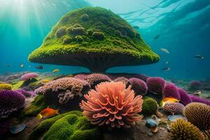 a embaixo da agua cena com colorida coral e a embaixo da agua cogumelo. gerado por IA foto