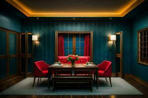 uma jantar quarto com azul paredes e vermelho cadeiras. gerado por IA foto