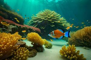 anemon peixe natação dentro a oceano com coral e anêmonas. gerado por IA foto