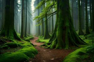 uma caminho através uma floresta com musgoso árvores gerado por IA foto