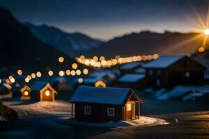 foto papel de parede a noite, neve, casas, luzes, a montanhas, a luzes, a luzes. gerado por IA