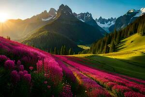 a Sol sobe sobre uma campo do Rosa flores dentro a montanhas. gerado por IA foto