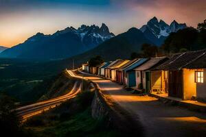 uma estrada dentro a montanhas com casas e montanhas dentro a fundo. gerado por IA foto