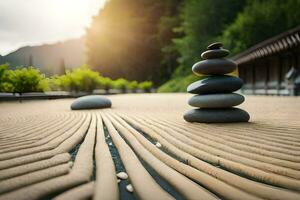 uma zen jardim com pedras e uma pagode. gerado por IA foto