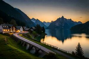 uma estrada corre ao longo a lado do uma montanha lago às pôr do sol. gerado por IA foto