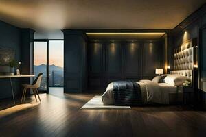 uma moderno quarto com Sombrio madeira pavimentos e uma ampla cama. gerado por IA foto