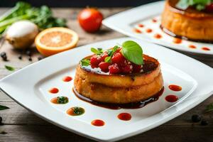 dois pratos com Comida em eles e legumes. gerado por IA foto