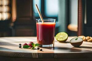 uma vidro do suco com uma Palha em uma mesa. gerado por IA foto