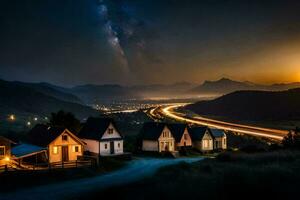 uma lindo noite céu sobre uma montanha alcance com casas e uma leitoso caminho. gerado por IA foto