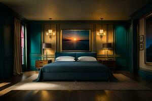 uma quarto com azul paredes e uma cama. gerado por IA foto