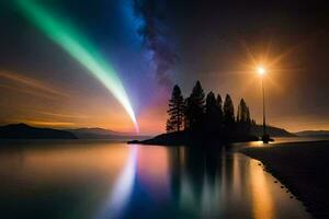 uma colorida aurora luzes acima a céu sobre uma lago. gerado por IA foto