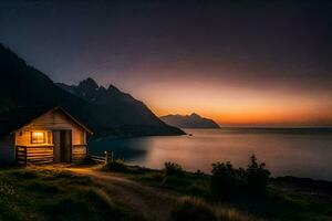 uma pequeno cabine senta em a costa do uma lago às pôr do sol. gerado por IA foto