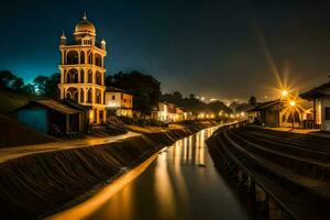 uma rio às noite com uma relógio torre dentro a fundo. gerado por IA foto